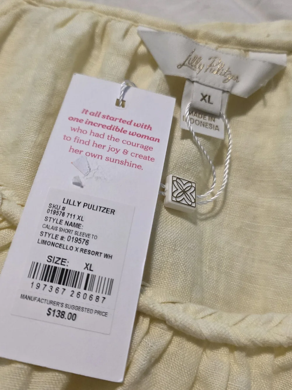 NWT Lilly Pulitzer Pale Yellow Calais Scoop-Neck 100% Linen Top XL, Ret. $138
